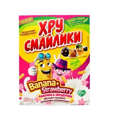 Кукурузные звездочки Banana+Strawberry "Хрусмайлики"  (200гр*12)г.Челябинск ООО Союзпищепром (1шт)